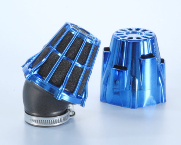 Filtro de potencia (air box) Polini, cromado, azul, curvado 30', Ø32 para carburador PHBG (203.0113)