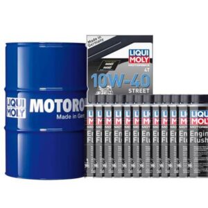 Pack LIQUI MOLY - Aceite de motor HC Sintético 10W-40 (1x Bidón 60L) + Limpia motores Engine Flush (12x Bote 250ml)