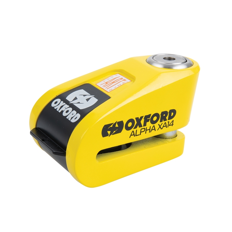 Candado de disco con alarma OXFORD Alpha XA14 Ø14mm acero inoxidable negro / amarillo - Certificado Classe SRA / ART4 / Sold Secure Gold