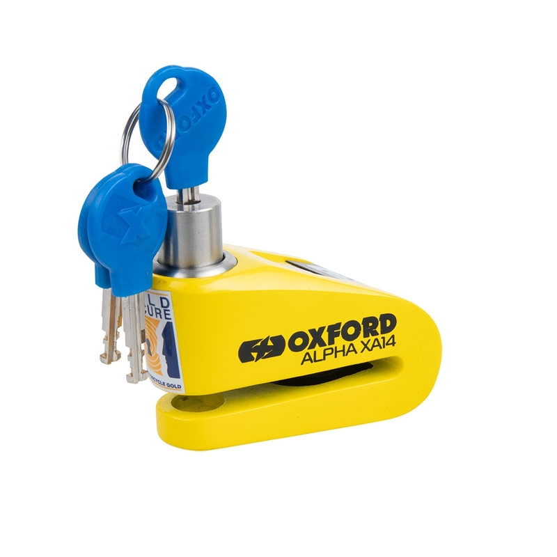 Candado de disco con alarma OXFORD Alpha XA14 Ø14mm acero inoxidable negro / amarillo - Certificado Classe SRA / ART4 / Sold Secure Gold