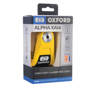 Candado de disco con alarma OXFORD Alpha XA14 Ø14mm acero inoxidable negro / amarillo - Certificado Classe SRA / ART4 / Sold Secure Gold