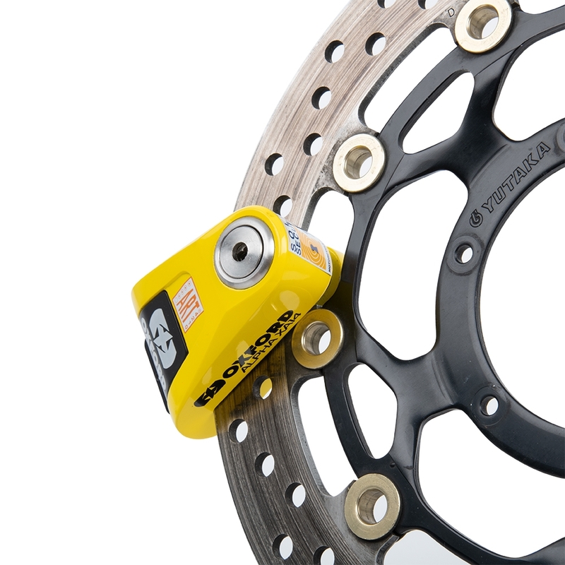 Candado de disco con alarma OXFORD Alpha XA14 Ø14mm acero inoxidable negro / amarillo - Certificado Classe SRA / ART4 / Sold Secure Gold