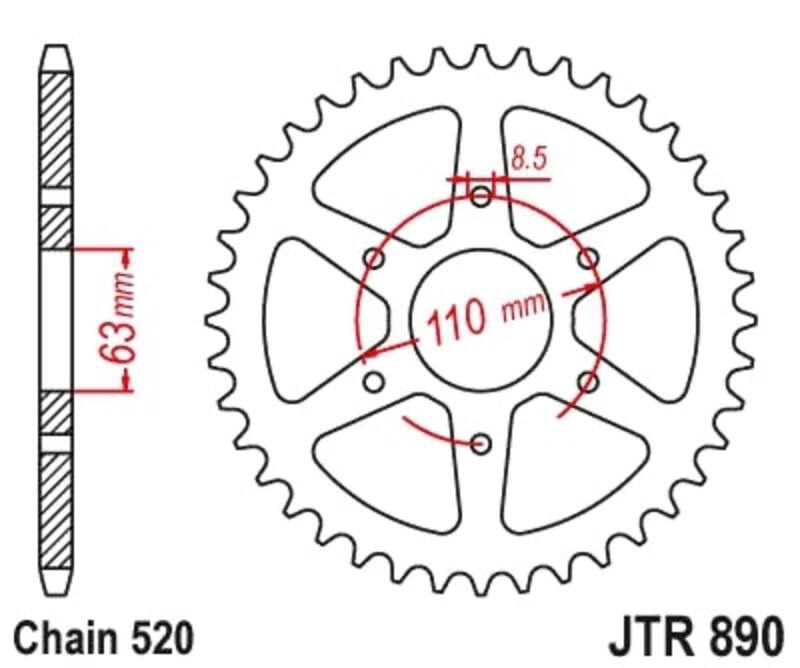 Corona JT SPROCKETS acero estándar 890 - Paso 520
