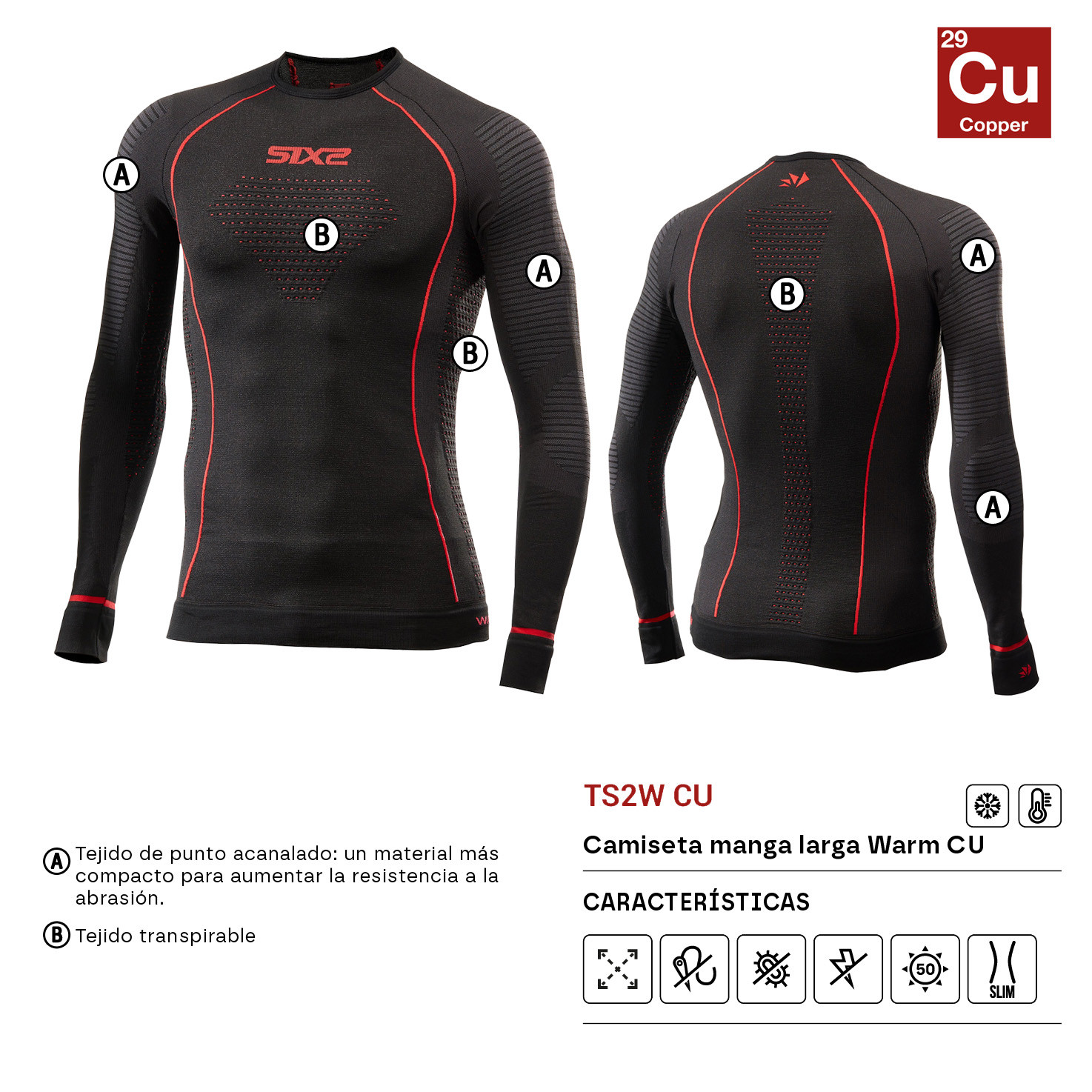 CAMISETA INTERIOR DE MANGA LARGA SIXS WARM CU TS2W NEGRO / ROJO