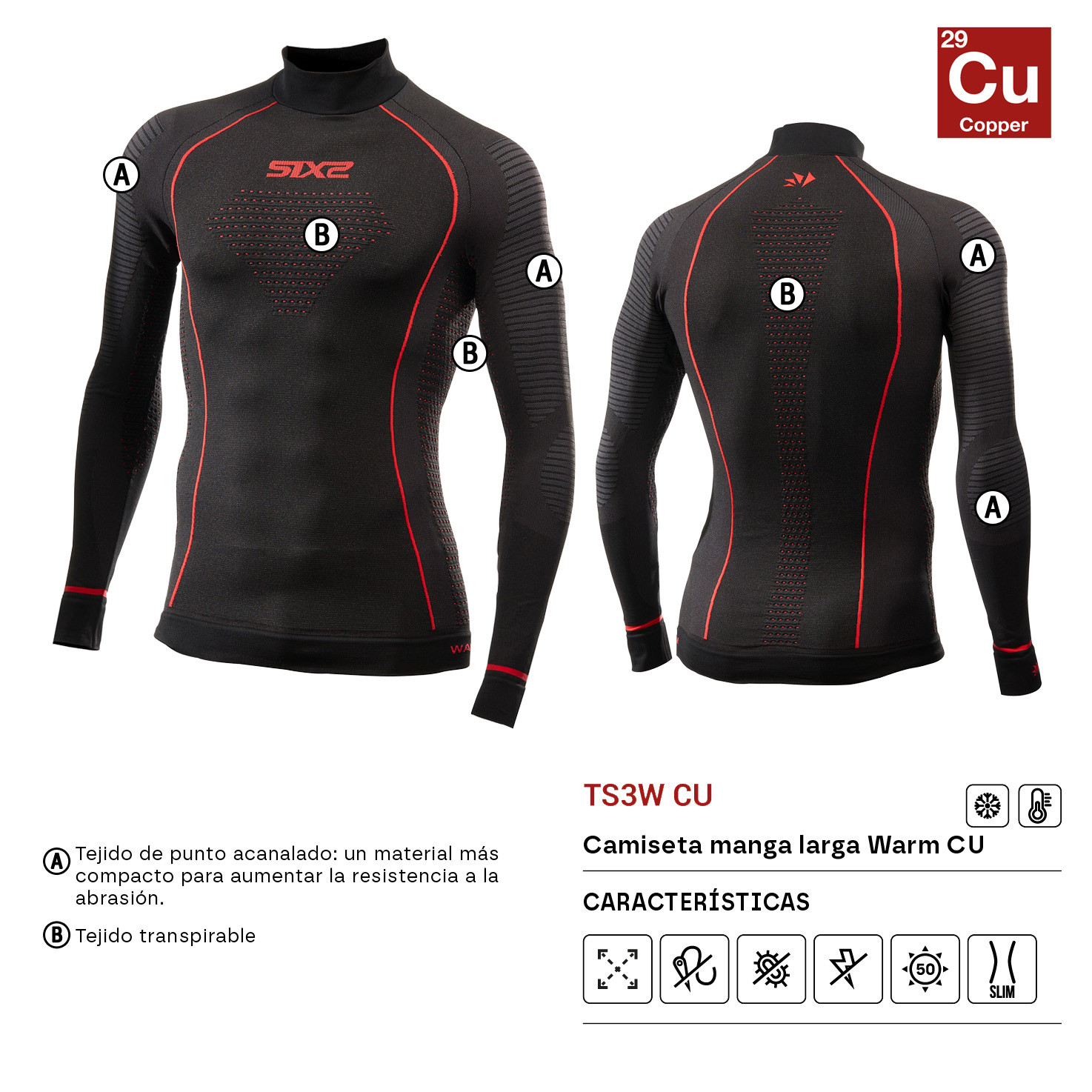 CAMISETA INTERIOR DE MANGA LARGA SIXS WARM CU TS3W NEGRO / ROJO
