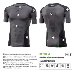 CAMISETA INTERIOR DE MANGA CORTA SIXS LIGHT BT TS1L V2 CARBONO NEGRO