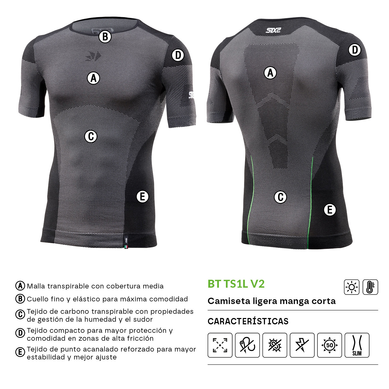 CAMISETA INTERIOR DE MANGA CORTA SIXS LIGHT BT TS1L V2 CARBONO NEGRO
