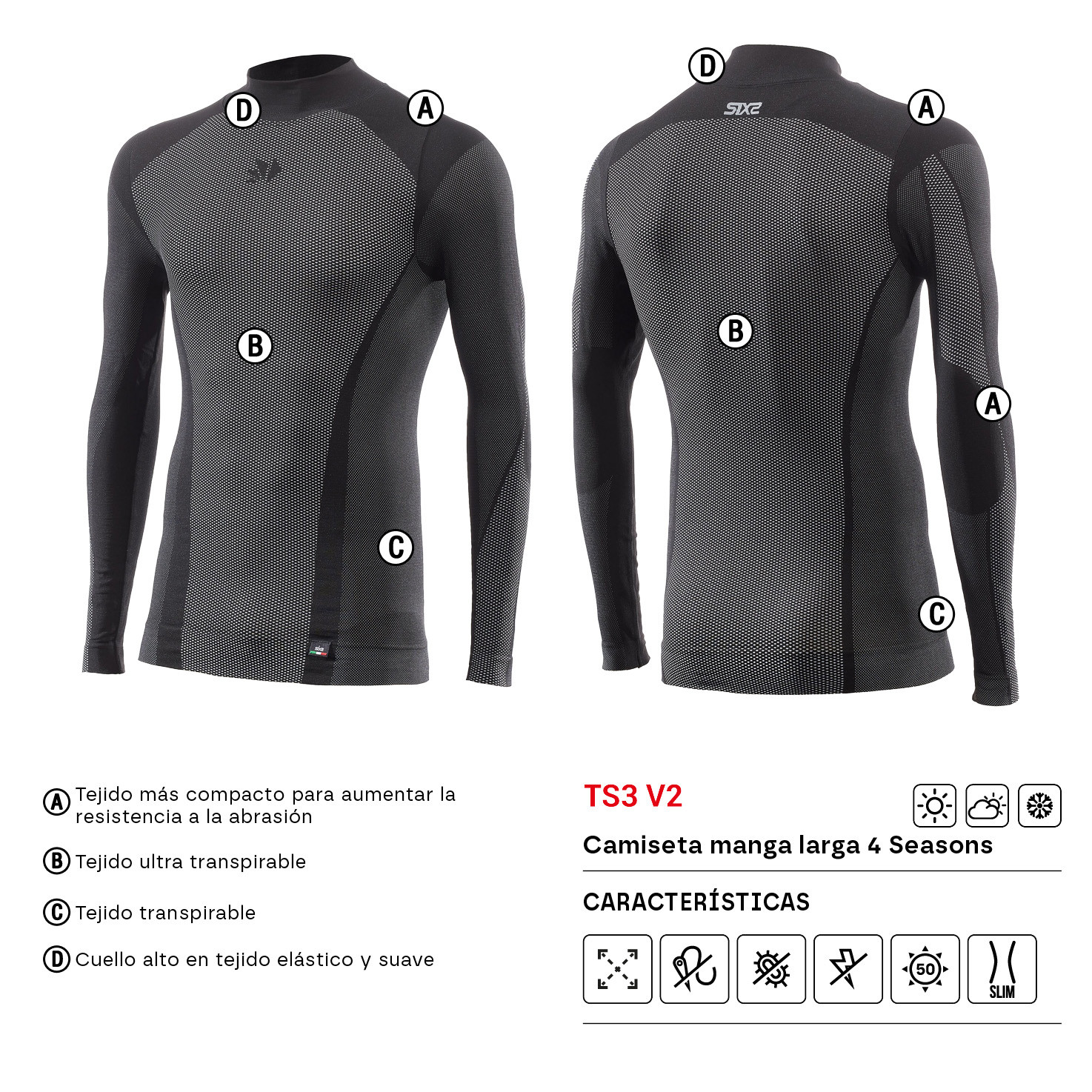 CAMISETA INTERIOR DE MANGA LARGA SIXS 4 SEASONS TS3 V2 CARBONO NEGRO