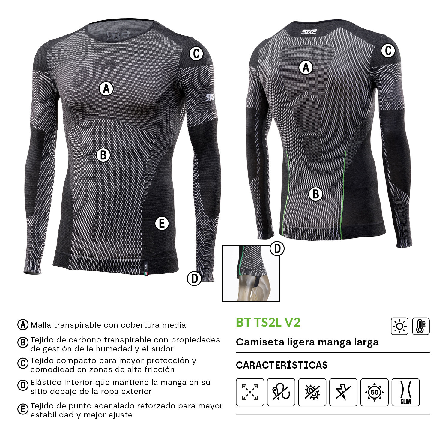 CAMISETA INTERIOR DE MANGA LARGA SIXS LIGHT BT TS2L V2 CARBONO NEGRO