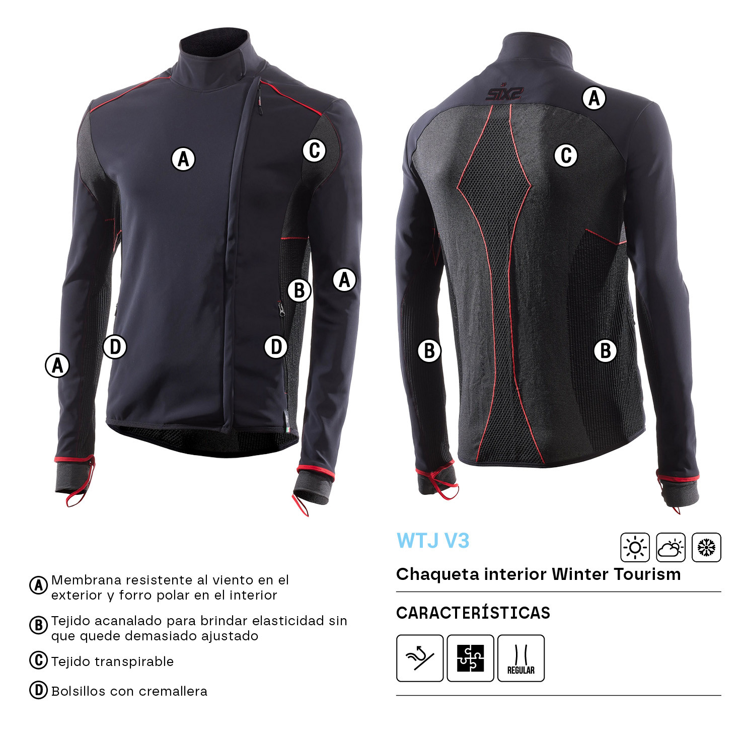 CHAQUETA INTERIOR SIXS WINTER TOURISM WTJ V3 NEGRO / ROJO