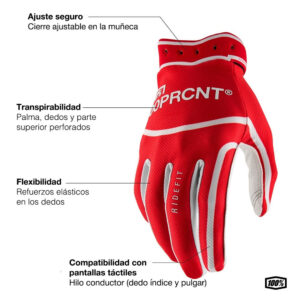GUANTES 100% RIDEFIT M2 BLANCO / ROJO