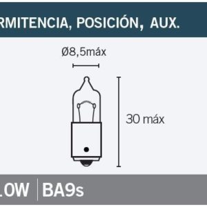 Lampara bayoneta 9 mm 12Vx10W. Blanca