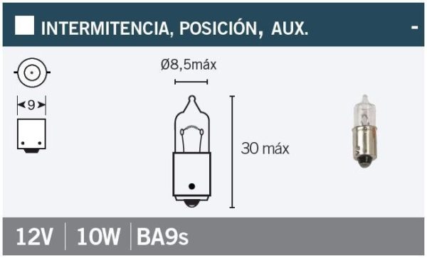 Lampara bayoneta 9 mm 12Vx10W. Blanca