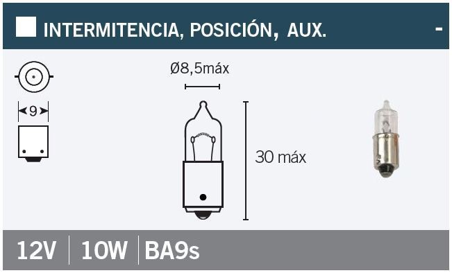 Lampara bayoneta 9 mm 12Vx10W. Blanca