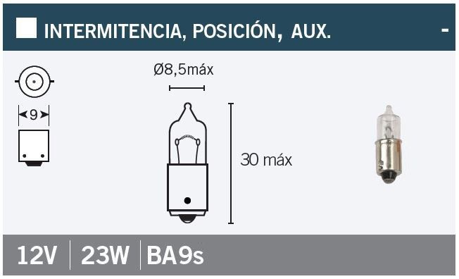 Lampara bayoneta 9 mm 12Vx23W. Blanca